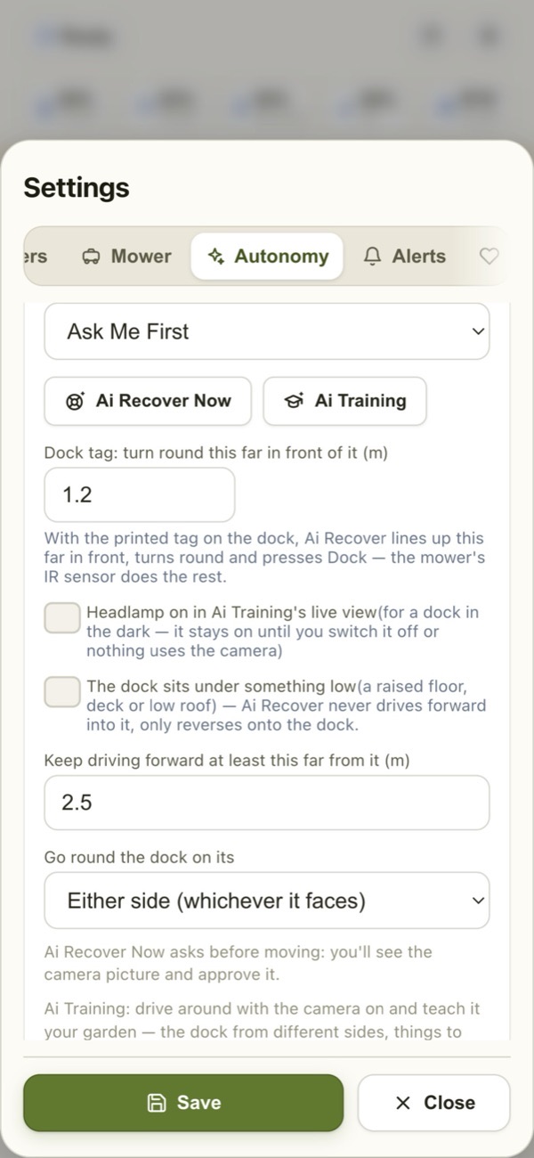 Settings, Autonomy: the Ai Recover mode set to Ask Me First