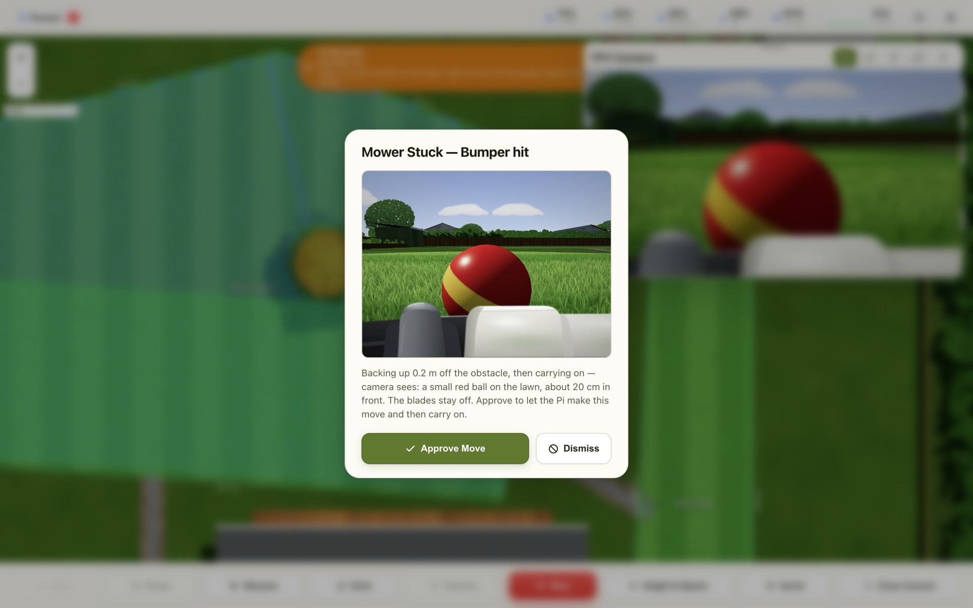 Ai Recover asking for approval: the camera picture of a ball in front of the mower and the move it wants to make